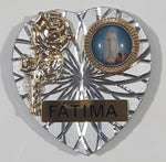 Our Lady of Fatima Gold Tone Rose Heart Shaped 1 1/4" x 1 3/8" Engraved Metal Fridge Magnet