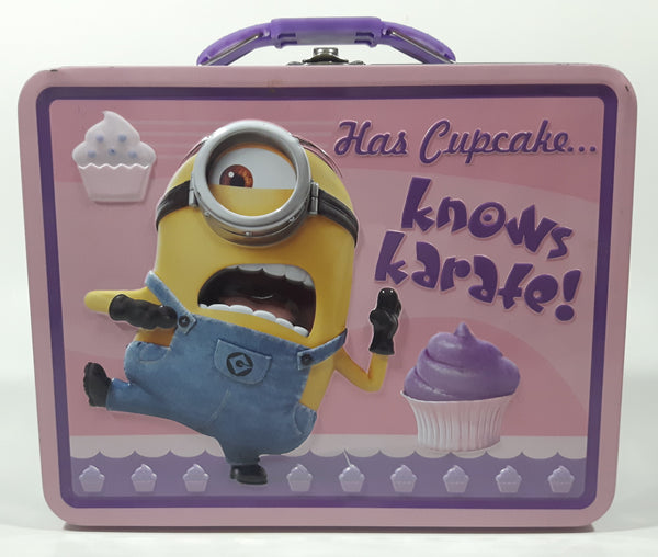 2016 Universal Illumination Entertainment Despicable Me Minions Has Cupcake... Knows Karate! Pink Embossed Tin Metal Lunch Box