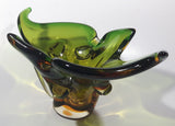 Vintage 1960s Chalet Green and Amber Orange Brown 11 3/4" Art Glass Dish