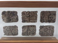Very Rare Los Cabos Mexico Set of 6 Museum Reproduction Mayan Glipho Glypho 8 3/4" Wide Wood and Glass Display