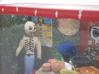 Mexican Folk Art Day of The Dead Skeleton Man and Woman Dining Room Food Table with Nude Poster On Wall 7 3/4" Wide Red Painted Diorama