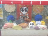 Mexican Folk Art Day of The Dead Skeleton Man and Woman Dining Room Food Table with Nude Poster On Wall 7 3/4" Wide Red Painted Diorama