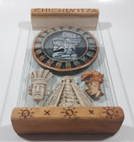 Very Rare Mexico Chichen Itza Mayan Calendar Temple and Masks 10 1/2" Wide Wood and Glass Display