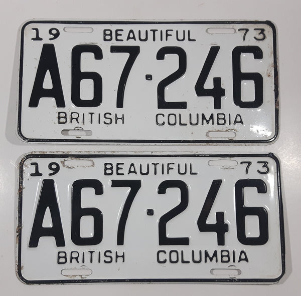 Matching Set of 2 Vintage 1973 Beautiful British Columbia White with Black Letters Agricultural Farm Plates A67 246