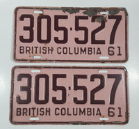 Matching Set of 2 Vintage 1961 British Columbia Maroon Letters Pink Metal License Plate Tag 305 527