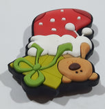 Brown Teddy Bear with Green Christmas Present in Red Stocking 1 1/2" x 2" Thick Rubber Fridge Magnet