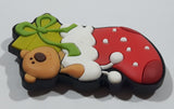 Brown Teddy Bear with Green Christmas Present in Red Stocking 1 1/2" x 2" Thick Rubber Fridge Magnet