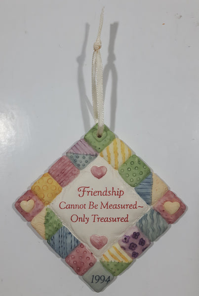 1994 AGC American Greetings "Friendship Cannot Be Measured ~ Only Treasured" Patchwork Quilt 2 3/4" x 2 3/4" Ceramic Plaque Hanging Ornament
