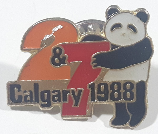 1988 Calgary 2 & 7 Panda Mascot Themed Winter Olympic Games 5/8" x 7/8" Enamel Metal Lapel Pin