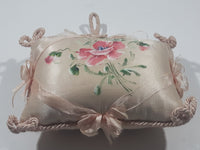 Vintage Pink Flower Themed Thick Tightly Stuffed 5" x 7" Taupe Colored Pillow Pin Cushion Wall Hanging
