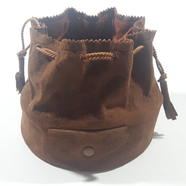 Vintage 1960s Brown Suede Drawstring Wood Bottom Bucket Shaped 7" Purse Hippie Bag