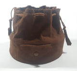 Vintage 1960s Brown Suede Drawstring Wood Bottom Bucket Shaped 7" Purse Hippie Bag