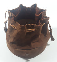 Vintage 1960s Brown Suede Drawstring Wood Bottom Bucket Shaped 7" Purse Hippie Bag