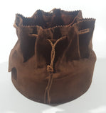 Vintage 1960s Brown Suede Drawstring Wood Bottom Bucket Shaped 7" Purse Hippie Bag