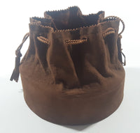 Vintage 1960s Brown Suede Drawstring Wood Bottom Bucket Shaped 7" Purse Hippie Bag