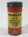 Antique Dunlop Tires No. O Rubber Repair Kit "You'll Be Safer On Dunlop Tires" 4 1/4" Tall Red and Yellow Tin Metal Can