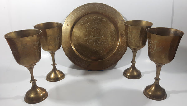 Vintage Engraved Brass Set of 4 Wine Cups and 9 Engraved Brass