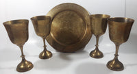 Vintage Engraved Brass Set of 4 Wine Cups and 9" Engraved Brass Serving Tray