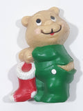 Russ Berries Light Brown Teddy Bear in Green PJs with Red Christmas Stocking 1 1/4" x 1 7/8" Fridge Magnet