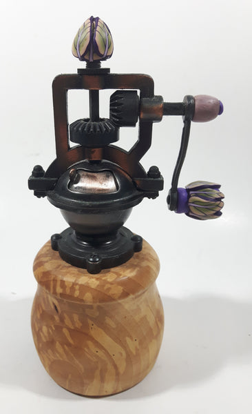 Vintage Style Unique Wood Based with Copper Toned Metal Closed Purple Flower Handles and Top 7 1/4" Tall Pepper Mill Grinder