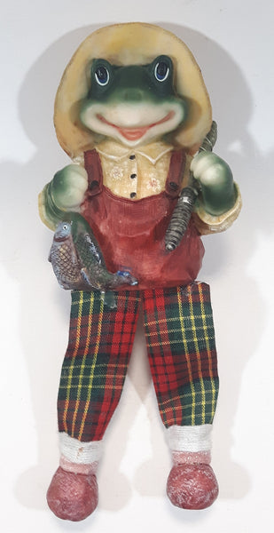 Shelf Sitting Frog with Fish and Pole 8 1/2" Tall Resin with Fabric Red Argyle Pants