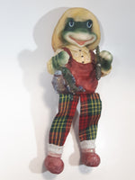 Shelf Sitting Frog with Fish and Pole 8 1/2" Tall Resin with Fabric Red Argyle Pants