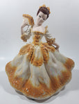 Vintage LJ Lady Jane with Hand Fan White and Orange Yellow Frilled Hand Painted 9 1/2" Tall Ceramic Figurine Statue