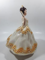 Vintage LJ Lady Jane with Hand Fan White and Orange Yellow Frilled Hand Painted 9 1/2" Tall Ceramic Figurine Statue
