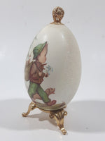 Vintage Hummel Style Boy with Dog and Bag of Puppies 4 1/2" Tall Porcelain Egg On Gold Tone Metal Stand