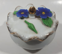 Vintage Giftcraft Blue Pansy Flower Fine China White Porcelain Footed Trinket Dish With Lid Gold Speckled Trim Made in Japan