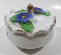 Vintage Giftcraft Blue Pansy Flower Fine China White Porcelain Footed Trinket Dish With Lid Gold Speckled Trim Made in Japan