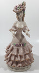 Lady in Flower Hat and Pink Frilled Dress with Gold Trim 7" Tall Porcelain Figurine (Chips)