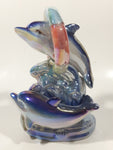 Vintage Dolphins Swimming Jumping Through Hoop On Coral Reef Blue Iridescent Rainbow Lustreware 5 1/2" Tall Porcelain Ceramic Figurine