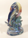 Vintage Dolphins Swimming Jumping Through Hoop On Coral Reef Blue Iridescent Rainbow Lustreware 5 1/2" Tall Porcelain Ceramic Figurine