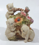 Three White Cats Climbing on Flower Basket with Butterfly on Handle 4" Tall Resin Figurine