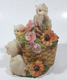 Three White Cats Climbing on Flower Basket with Butterfly on Handle 4" Tall Resin Figurine