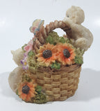 Three White Cats Climbing on Flower Basket with Butterfly on Handle 4" Tall Resin Figurine