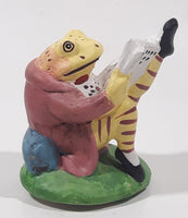Frog in Suit Sitting Reading a Book 3 1/2" Tall Ceramic Figurine