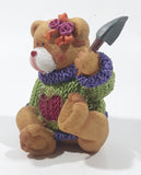 Brown Teddy Bear in Green Purple Sweater with Apple Design Holding Spade Shovel 4" Tall Hand Painted Ceramic Ornament