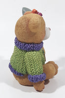 Brown Teddy Bear in Green Purple Sweater with Apple Design Holding Spade Shovel 4" Tall Hand Painted Ceramic Ornament