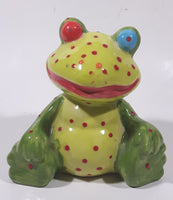 Green and Lime Green Red Speckled Frog with Red and Blue Eyes 4 1/2" Tall Ceramic Figurine