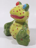 Green and Lime Green Red Speckled Frog with Red and Blue Eyes 4 1/2" Tall Ceramic Figurine