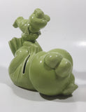 Vintage Green Frog Laying On Back Balancing Baby Frog on Foot 6" Long Ceramic Figurine Coin Bank