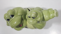 Vintage Green Frog Laying On Back Balancing Baby Frog on Foot 6" Long Ceramic Figurine Coin Bank