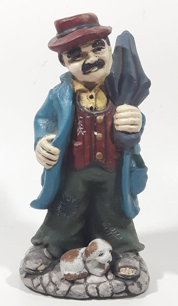 Vintage Hobo Man Holding Umbrella with Puppy Dog At His Feet 7" Tall Ceramic Figurine