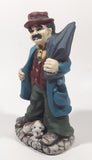 Vintage Hobo Man Holding Umbrella with Puppy Dog At His Feet 7" Tall Ceramic Figurine