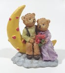 1990s Teddy Bear Couple Sitting On Crescent Moon 3 3/8" Tall Resin Figurine
