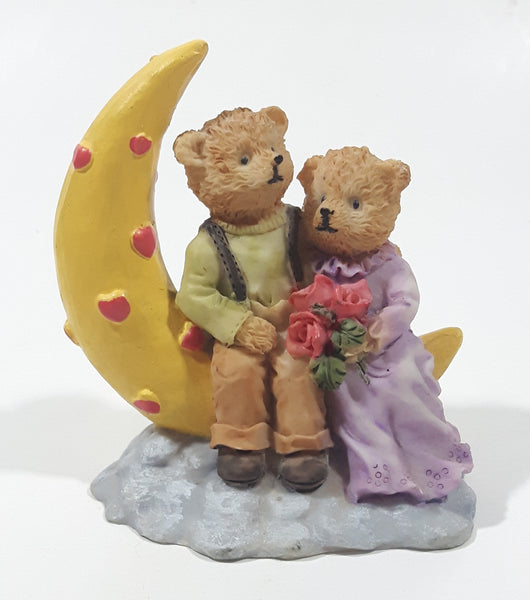 1990s Teddy Bear Couple Sitting On Crescent Moon 3 3/8" Tall Resin Figurine