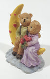 1990s Teddy Bear Couple Sitting On Crescent Moon 3 3/8" Tall Resin Figurine