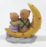 1990s Teddy Bear Couple Sitting On Crescent Moon 3 3/8" Tall Resin Figurine